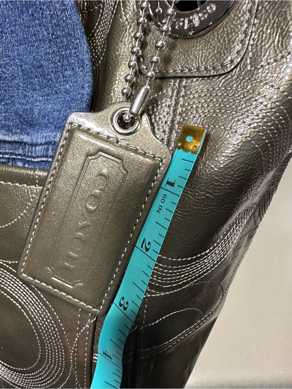 Coach Alex Stitched Patent Tote in a metallic Ollive Green color - Picture 4 of 13